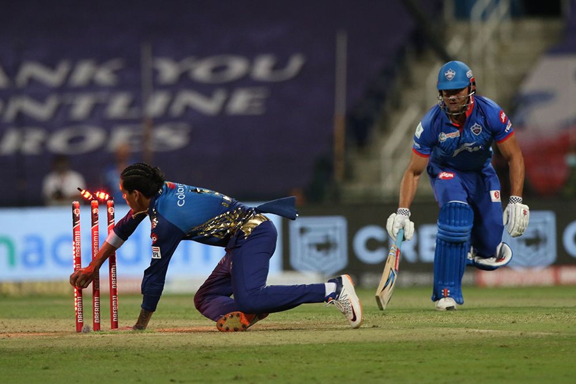 Marcus Stoinis got run-out on the score of 13(8) against Mumbai Indians
