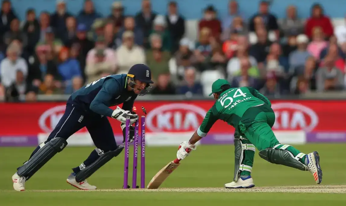 Sarfaraz Ahmed was run out by Jos Buttler for 97 runs.