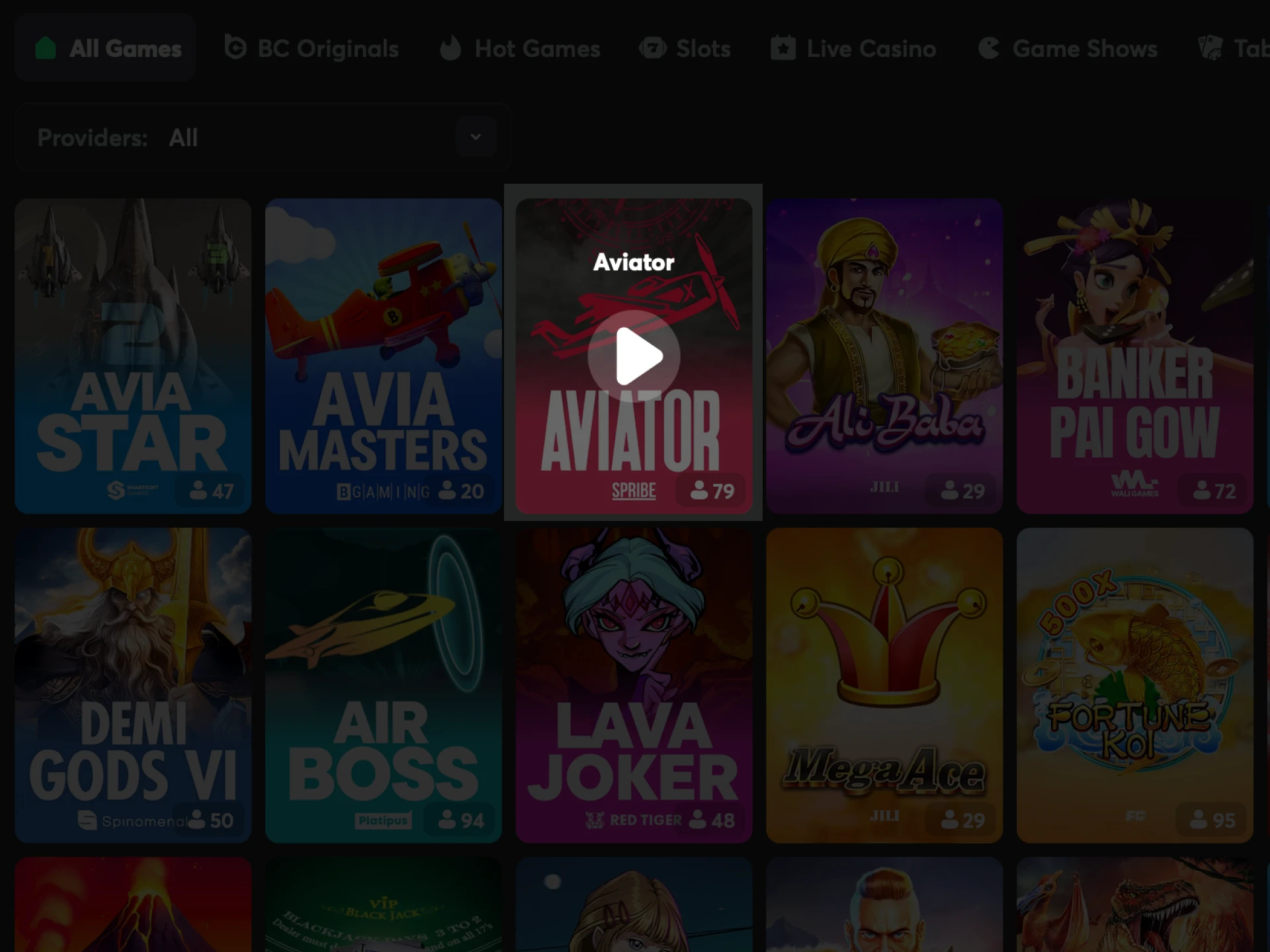 In the BC.Game casino section, find the Aviator game.