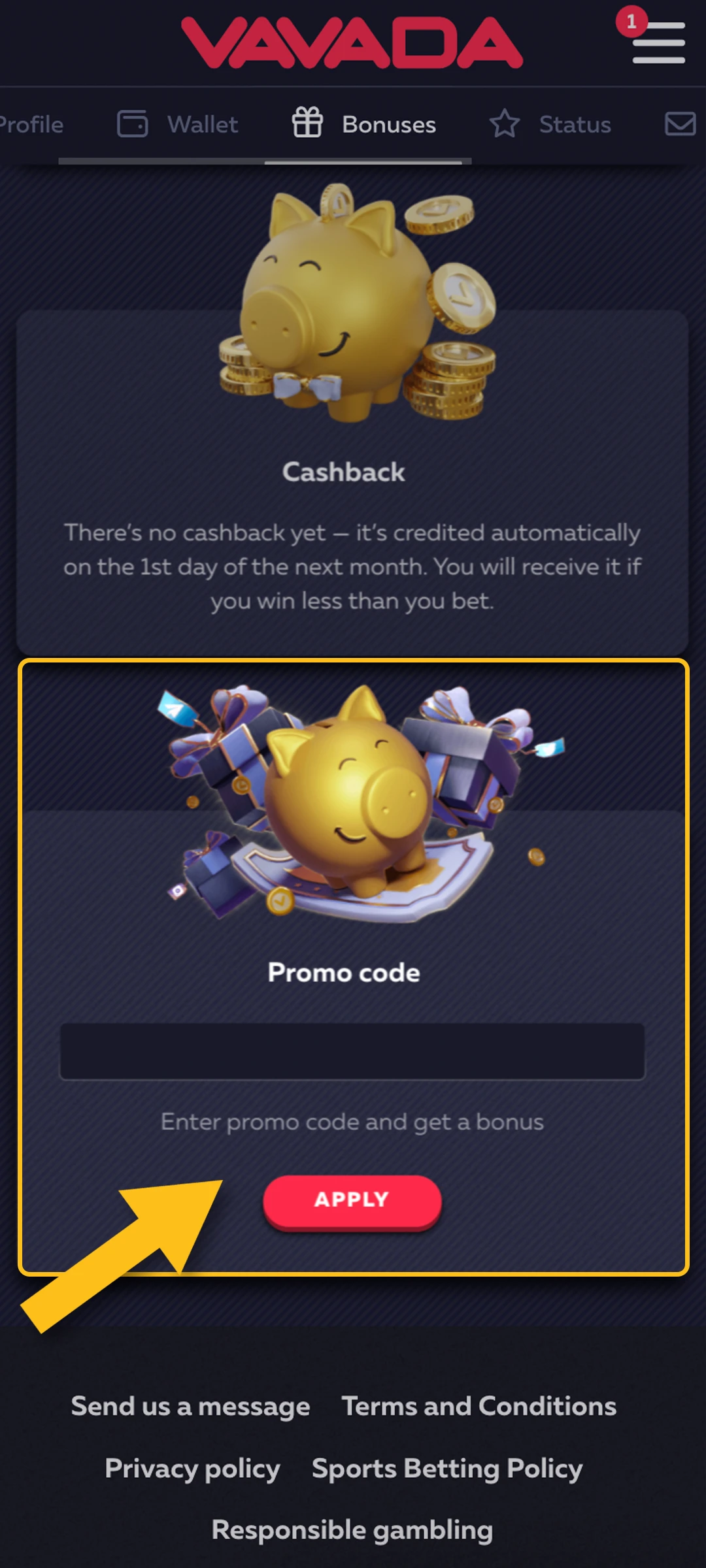 Enter the Vavada Bonus Code.