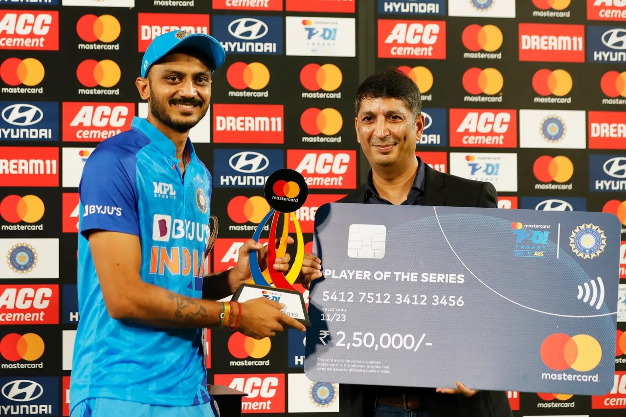Axar Patel's eight wickets in three games earned him the man of the series award against Australia