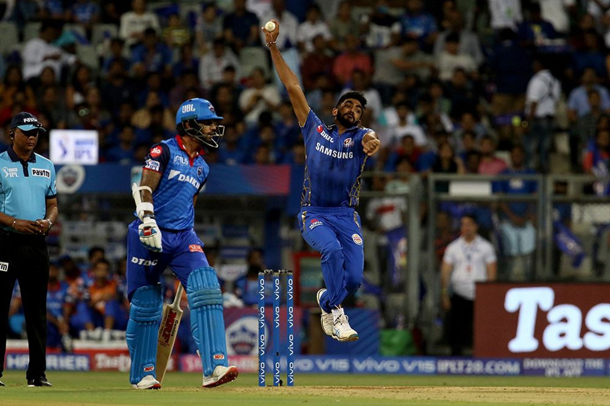 Mumbai Indians pacer Jasprit Bumrah in a match against DC 
