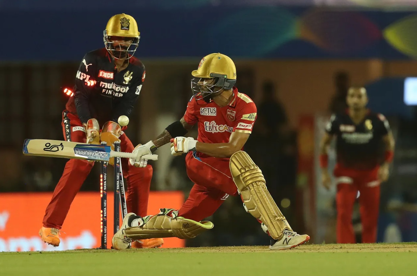 Shikhar Dhawan departs after attempted slog-sweep in IPL 2022.