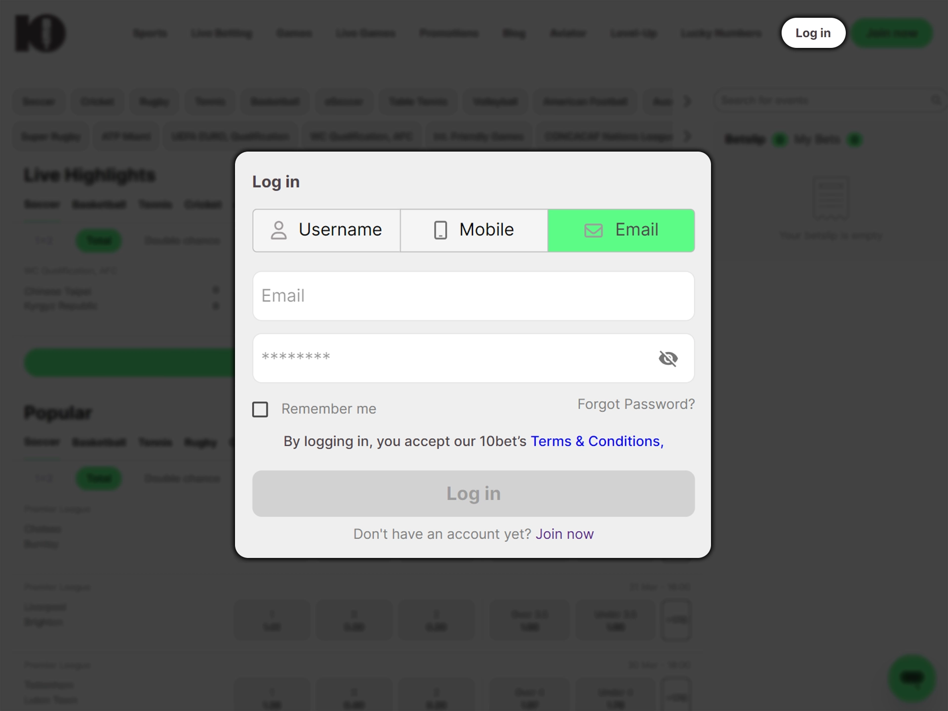 Log in to your account and start your journey with 10bet.