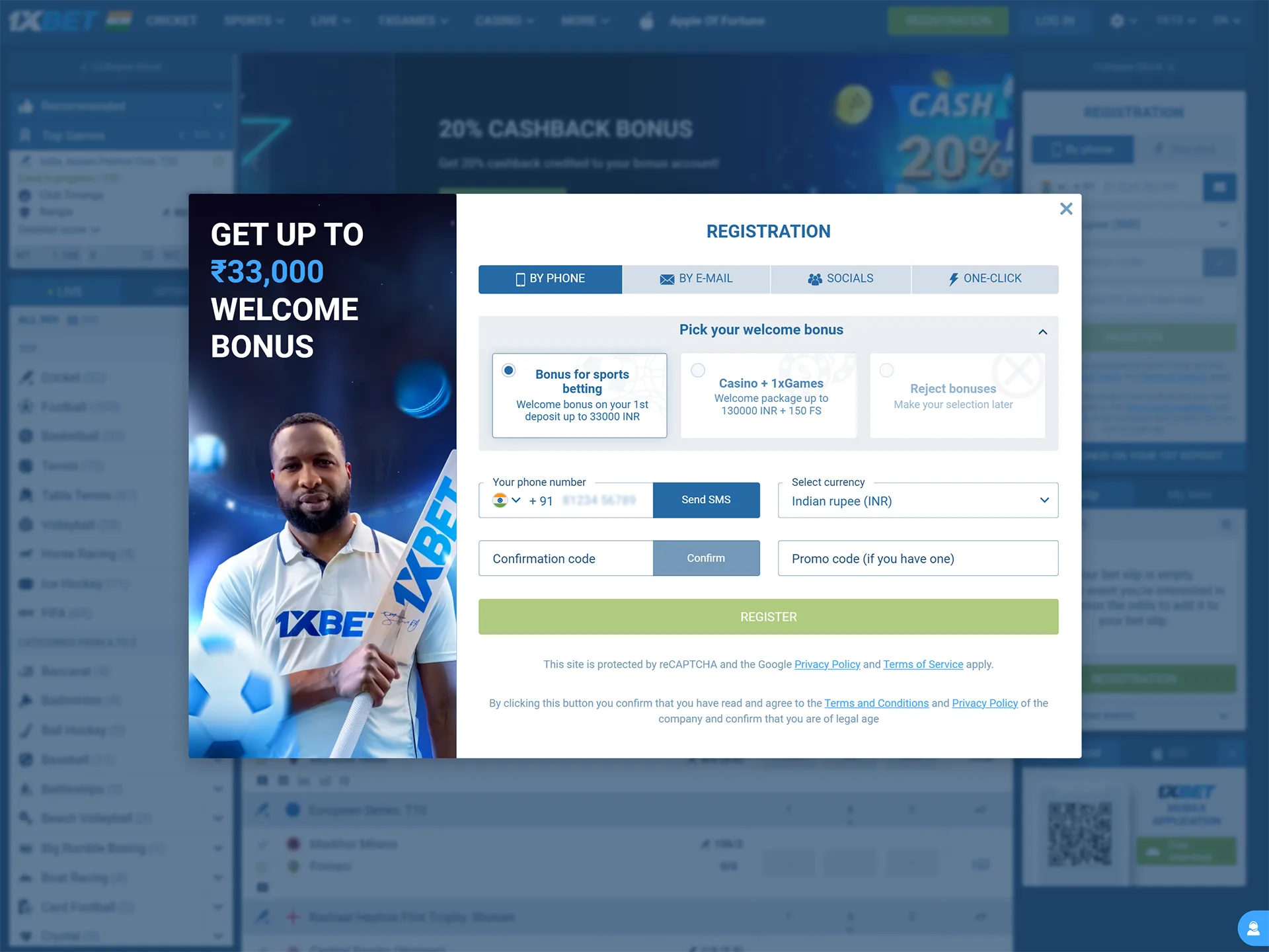 Sign up for 1xbet using one of the available methods.