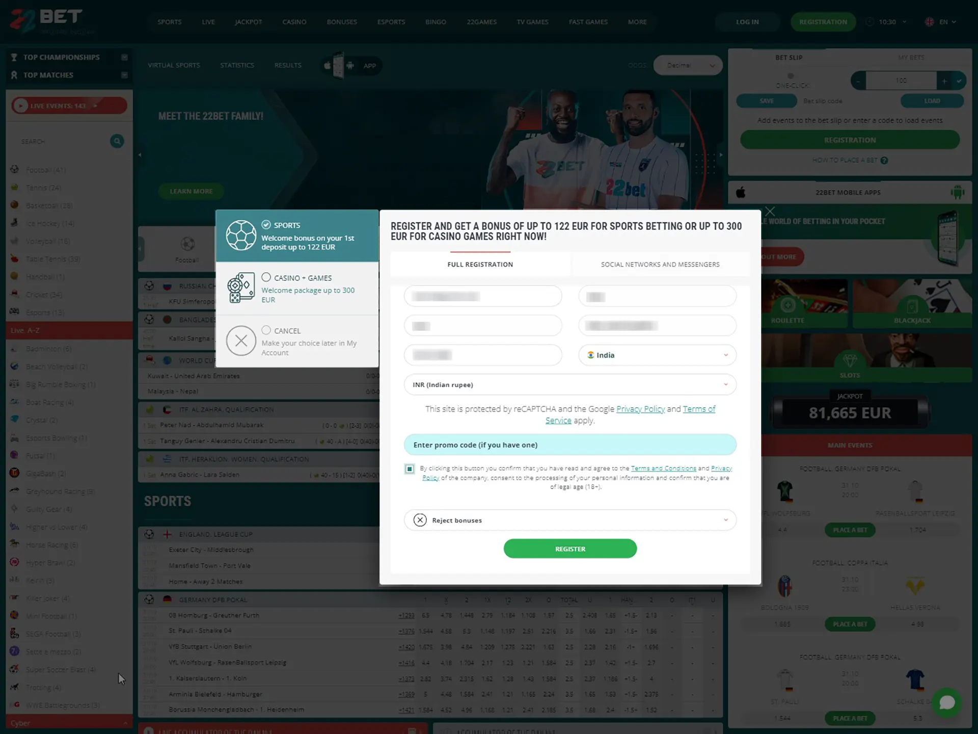 Complete registration on the 22Bet website.