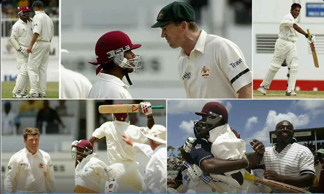 A feisty century from Ramnaresh Sarwan, a classic Chanderpaul ton, and a brave 7th wicket partnership helped the Windies defeat Australia.