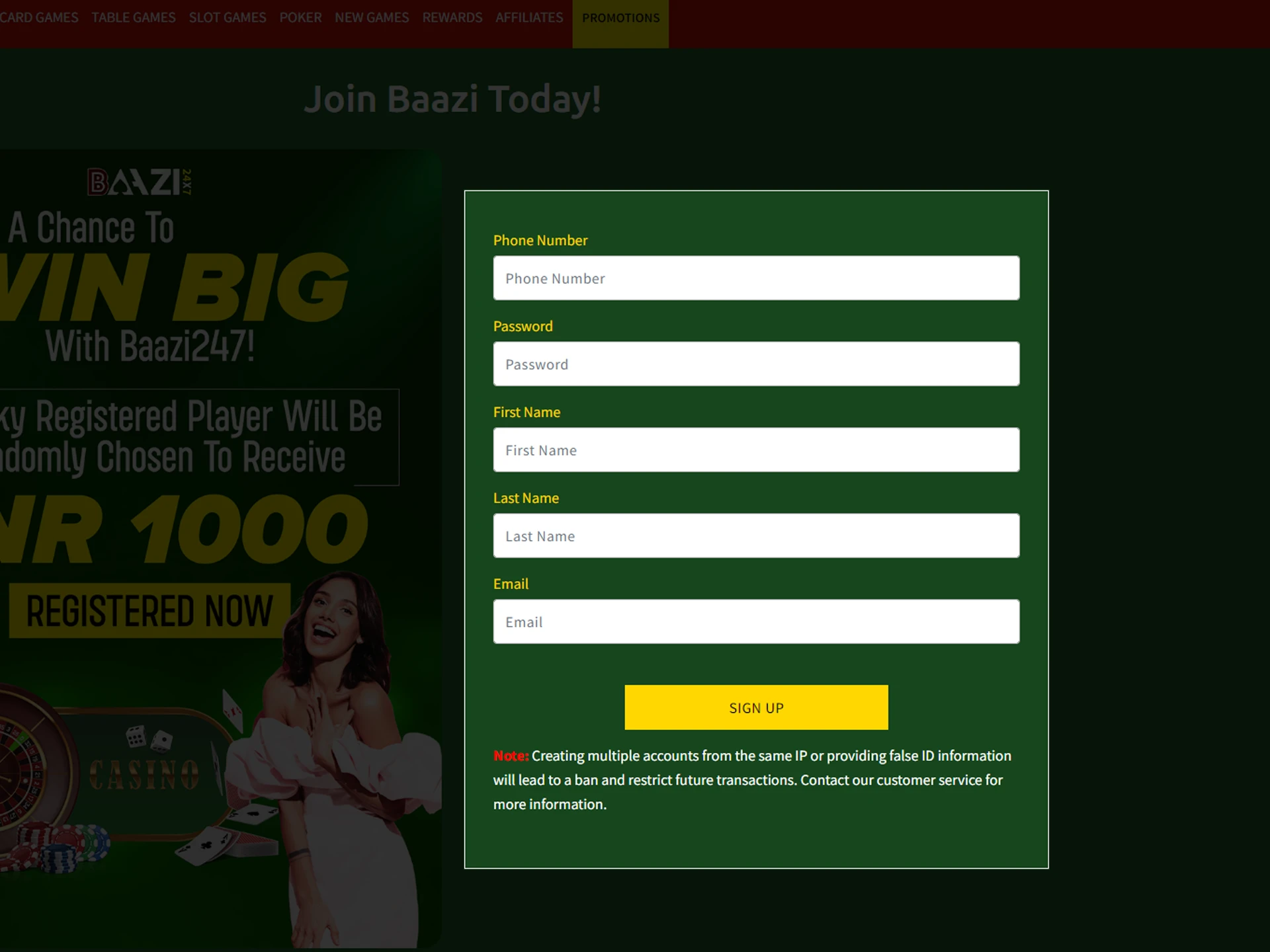 Enter your details to register on the Baazi247 website.