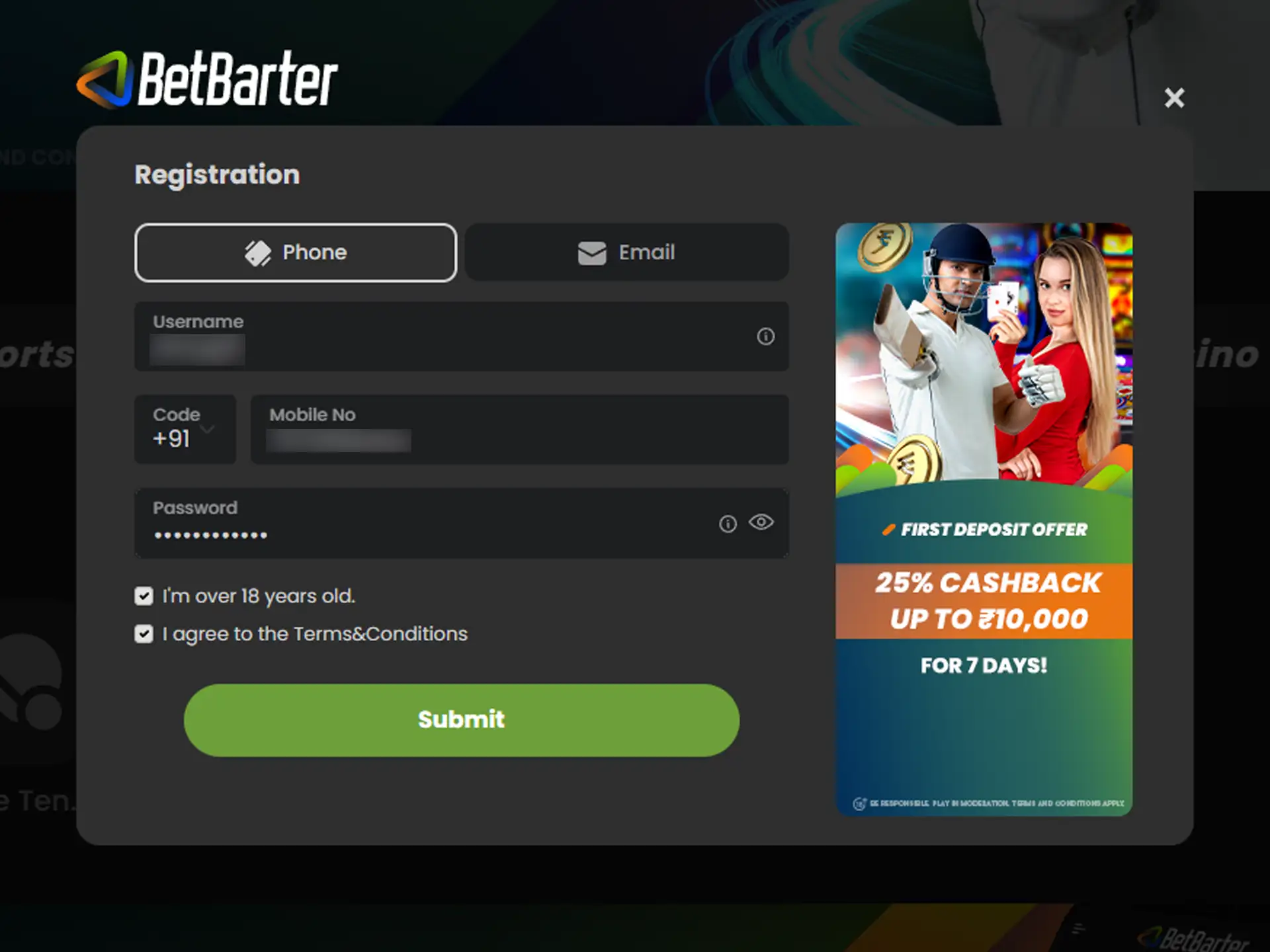 Create a Betbarter account.