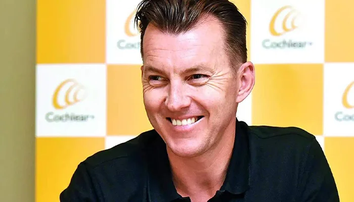 Brett Lee in a press conference while he donated to a crypto relief fund during the pandemic.