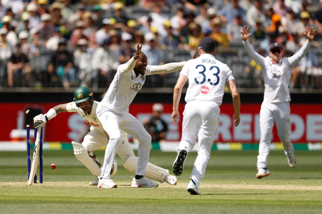Jofra Archer left Jake Weatherald floored during his dismissal on Day 1 of the Ashes at Perth Stadium