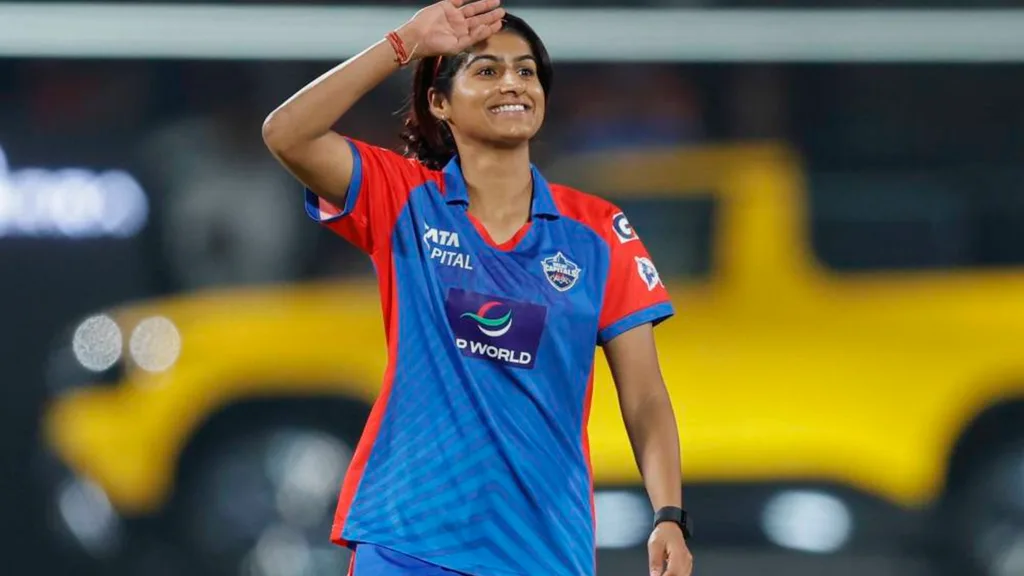 Delhi Capitals' Nandani Sharma celebrates a dismissal against RCB in the WPL in Vadodara