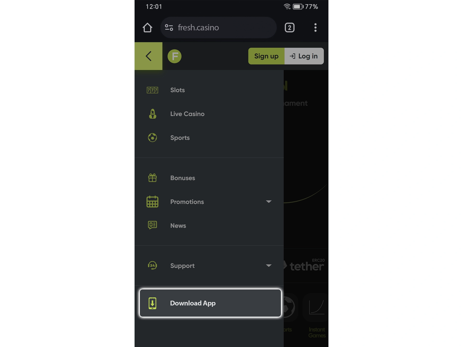 Open the Fresh Casino website menu and find the mobile app section.