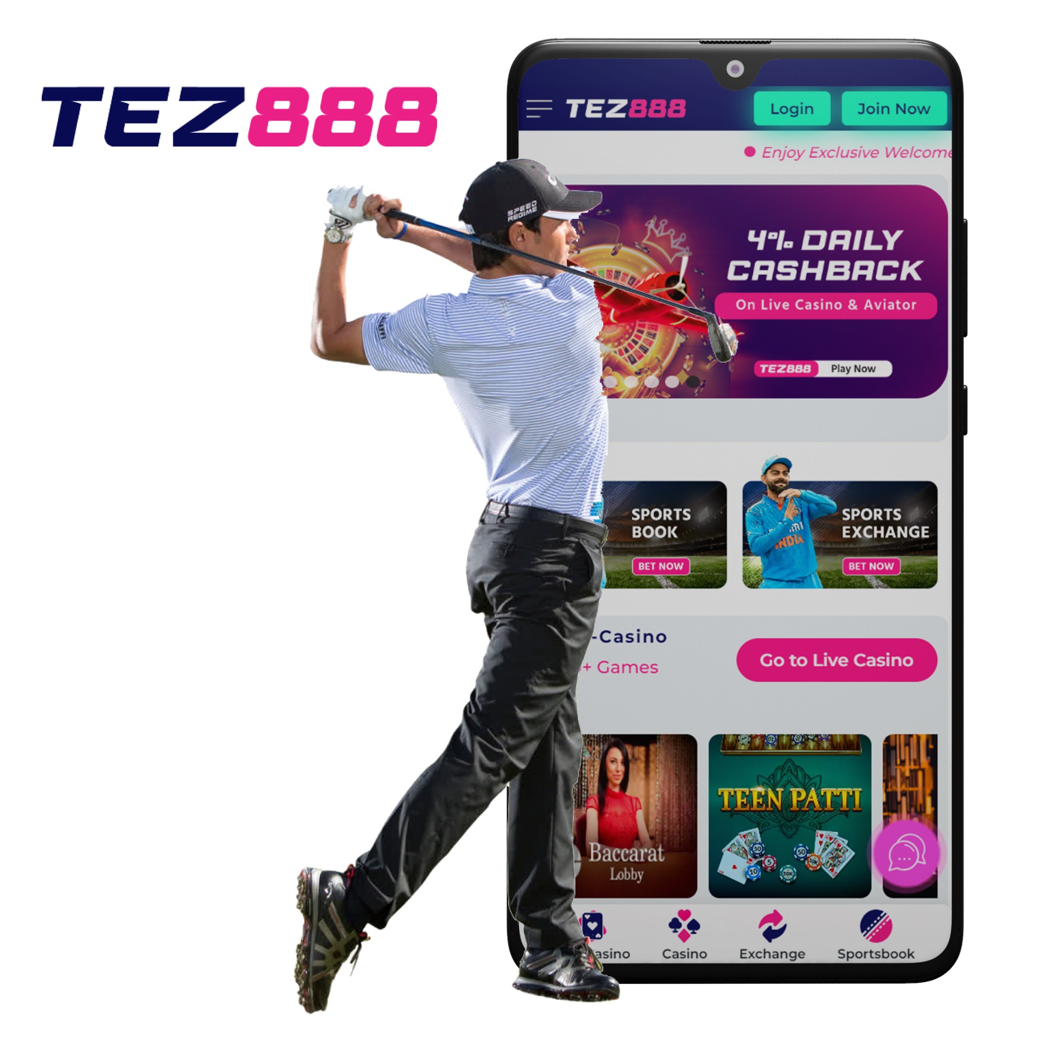 The Tez888 mobile app is great for daily golf betting in India in 2024.