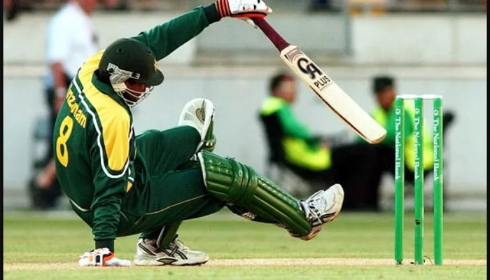 Inzamam-ul-Haq on the ground after facing the yorker from Damien Fleming.