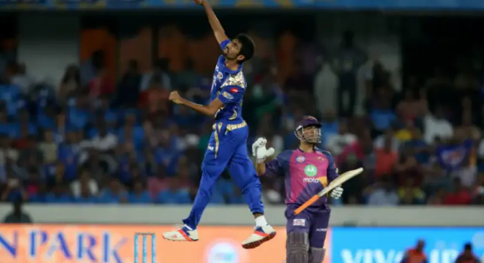 Jasprit Bumrah celebrates after picking the wicket of MS Dhoni.