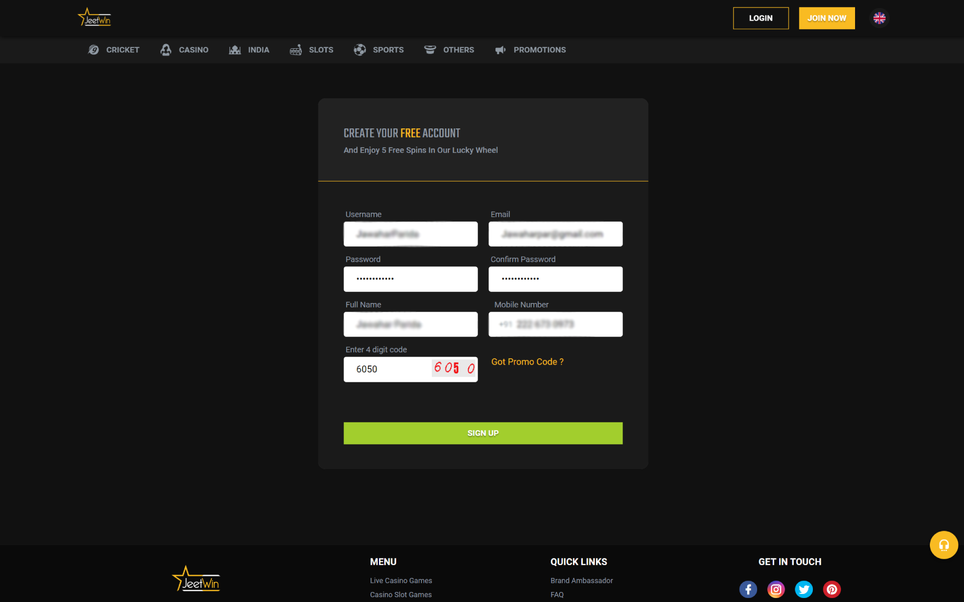 Enter your personal information to register with Jeetwin.