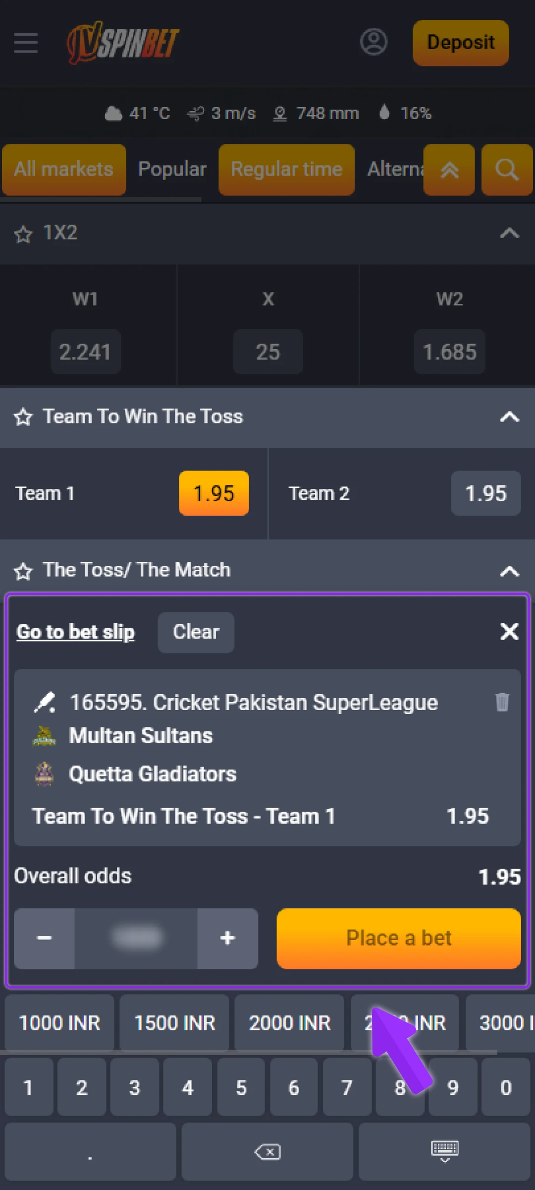 Enter the amount you want to bet and confirm your selection.
