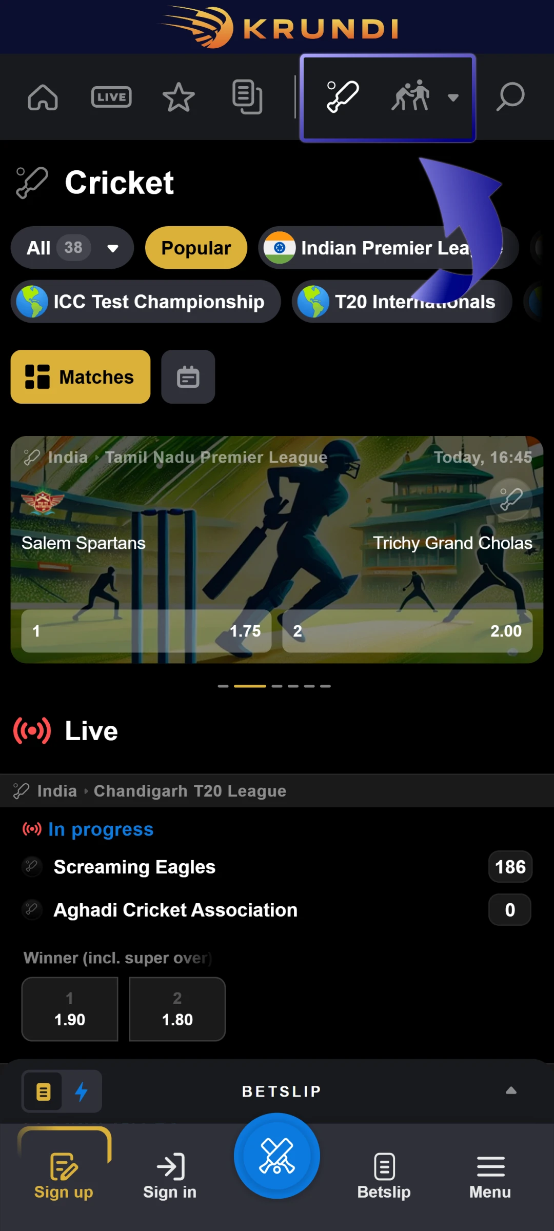 Choose a Sport of Interest on Krundi mobile App.
