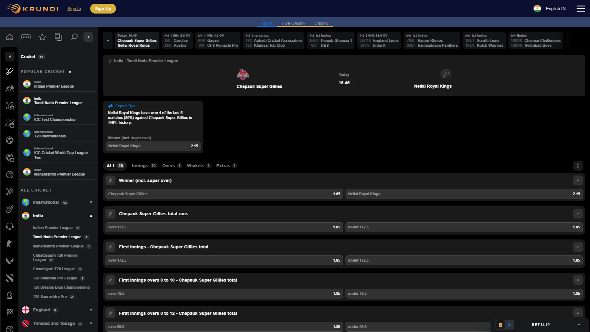 Select a Game or Match for Betting on Krundi website.