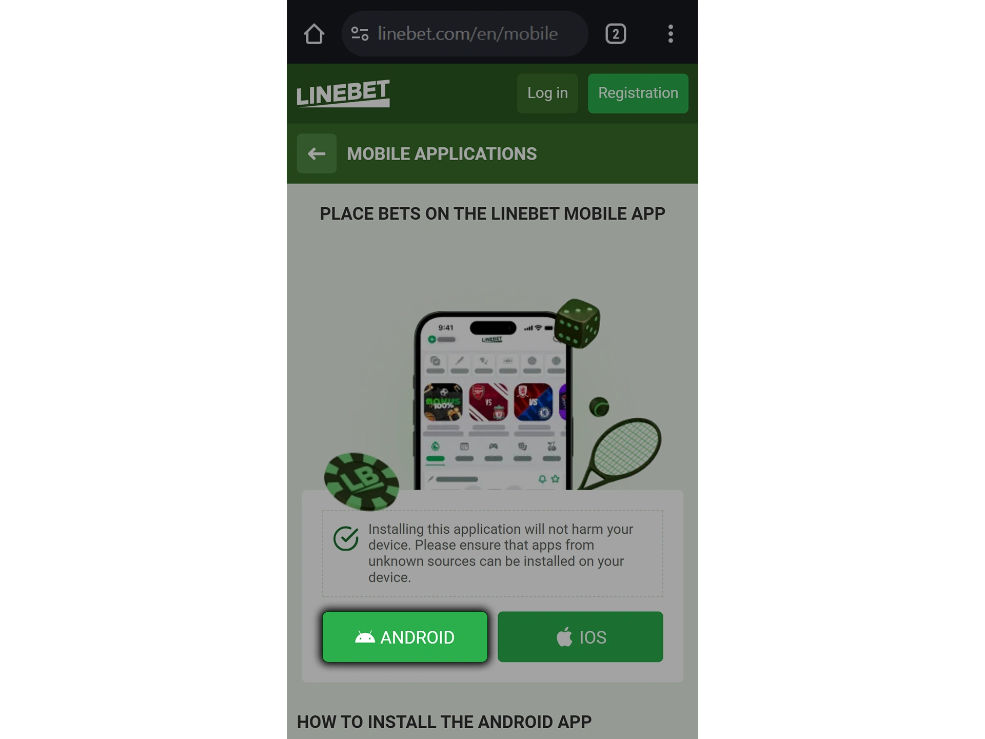Use the button to download the Linebet app for Android.