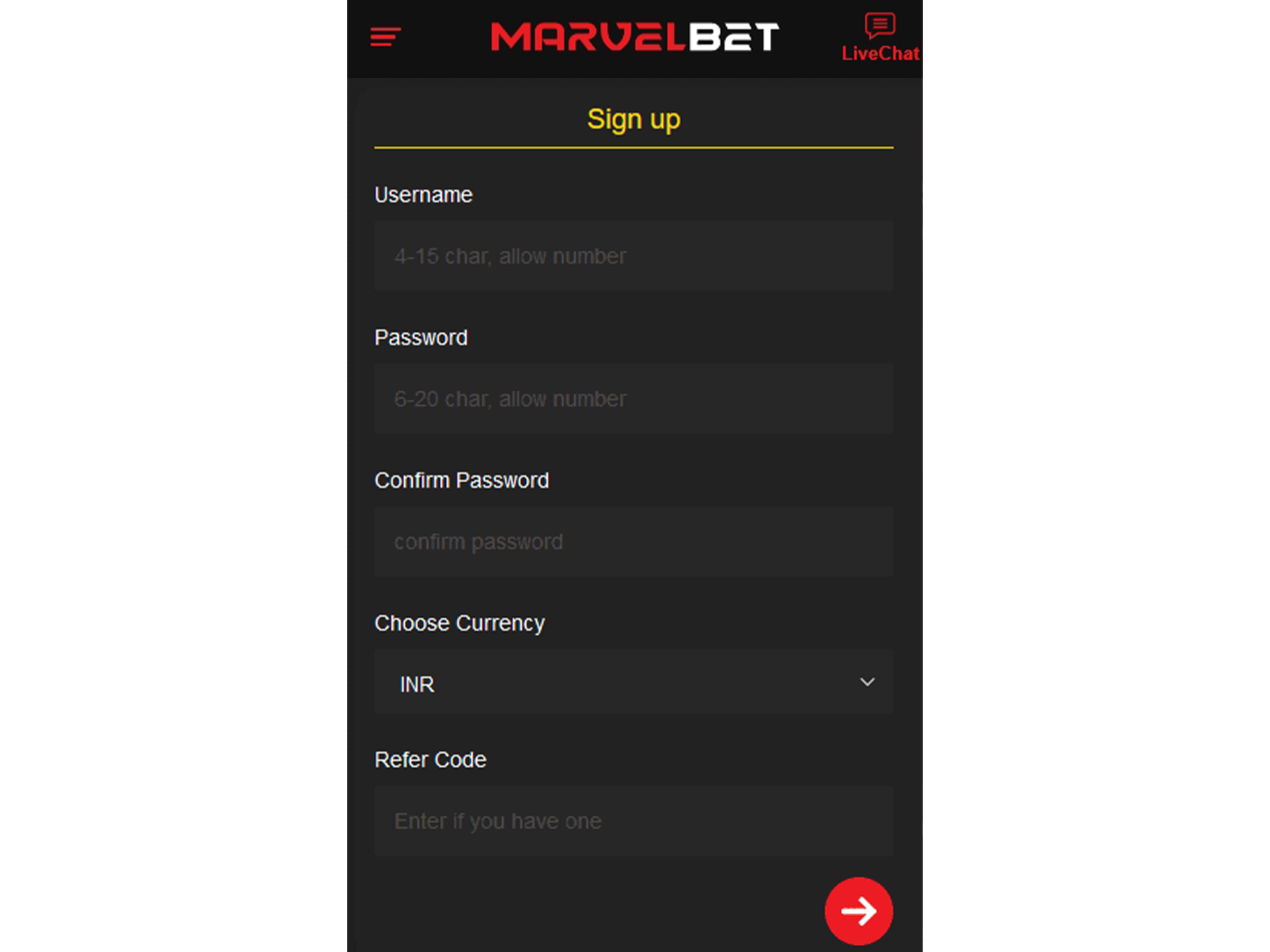 Click the app download button and go through the registration process at MarvelBet.