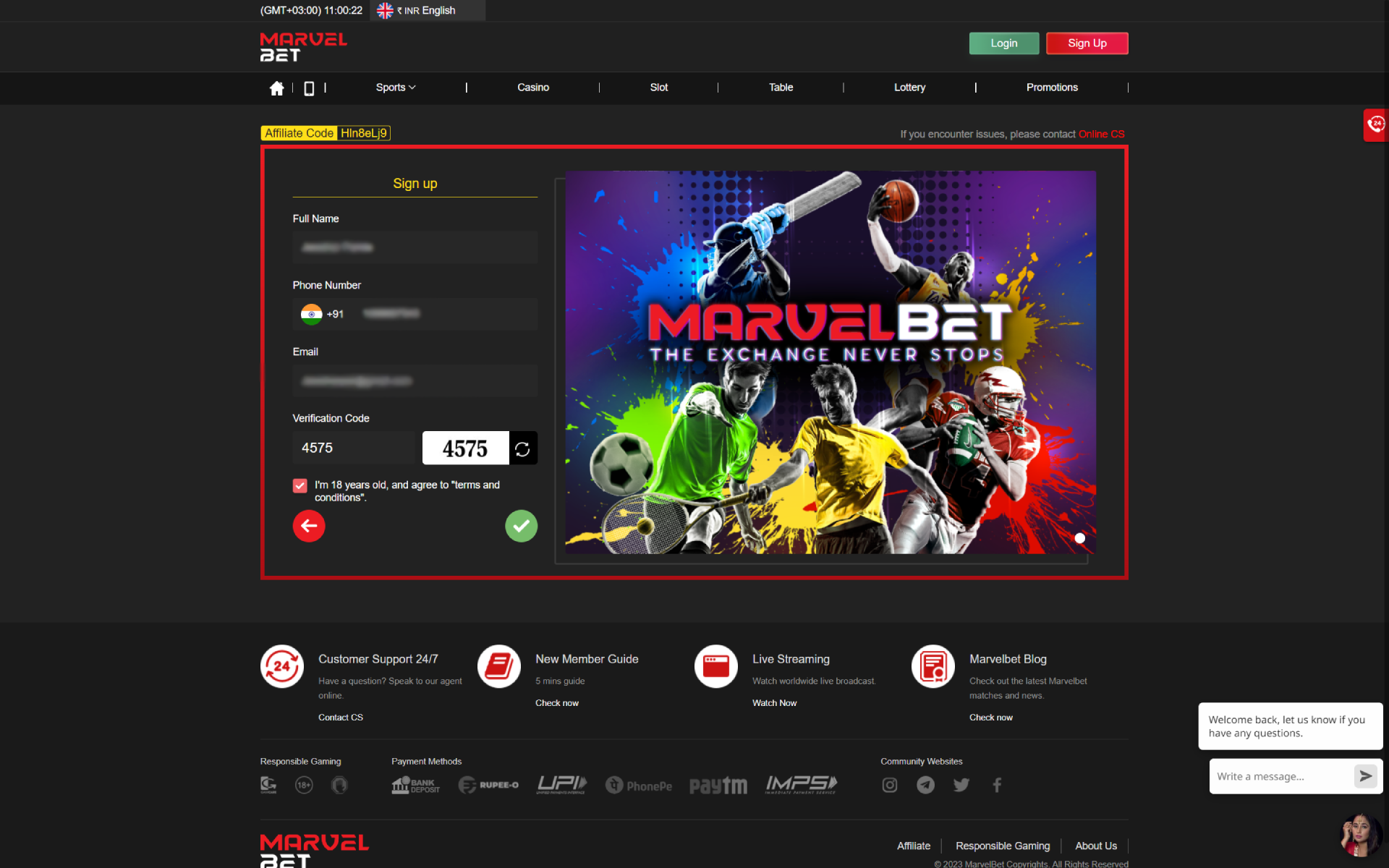 Complete a simple registration on Marvelbet.