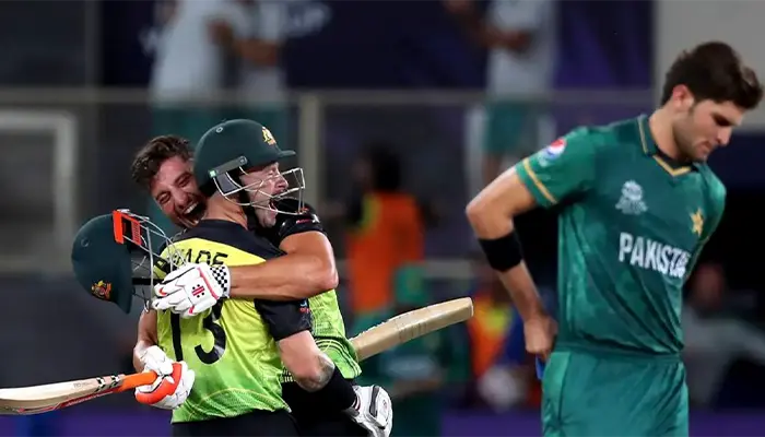 Matthew Wade and Marcus Stoinis celebrate after hitting the winning runs against Pakistan.