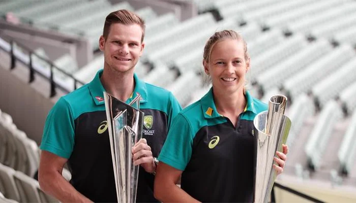 Meg Lanning and Steven Smith with the T20 World Cup trophies.