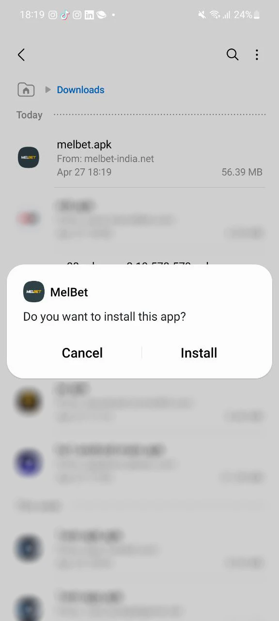 Complete the installation of the Melbet app.