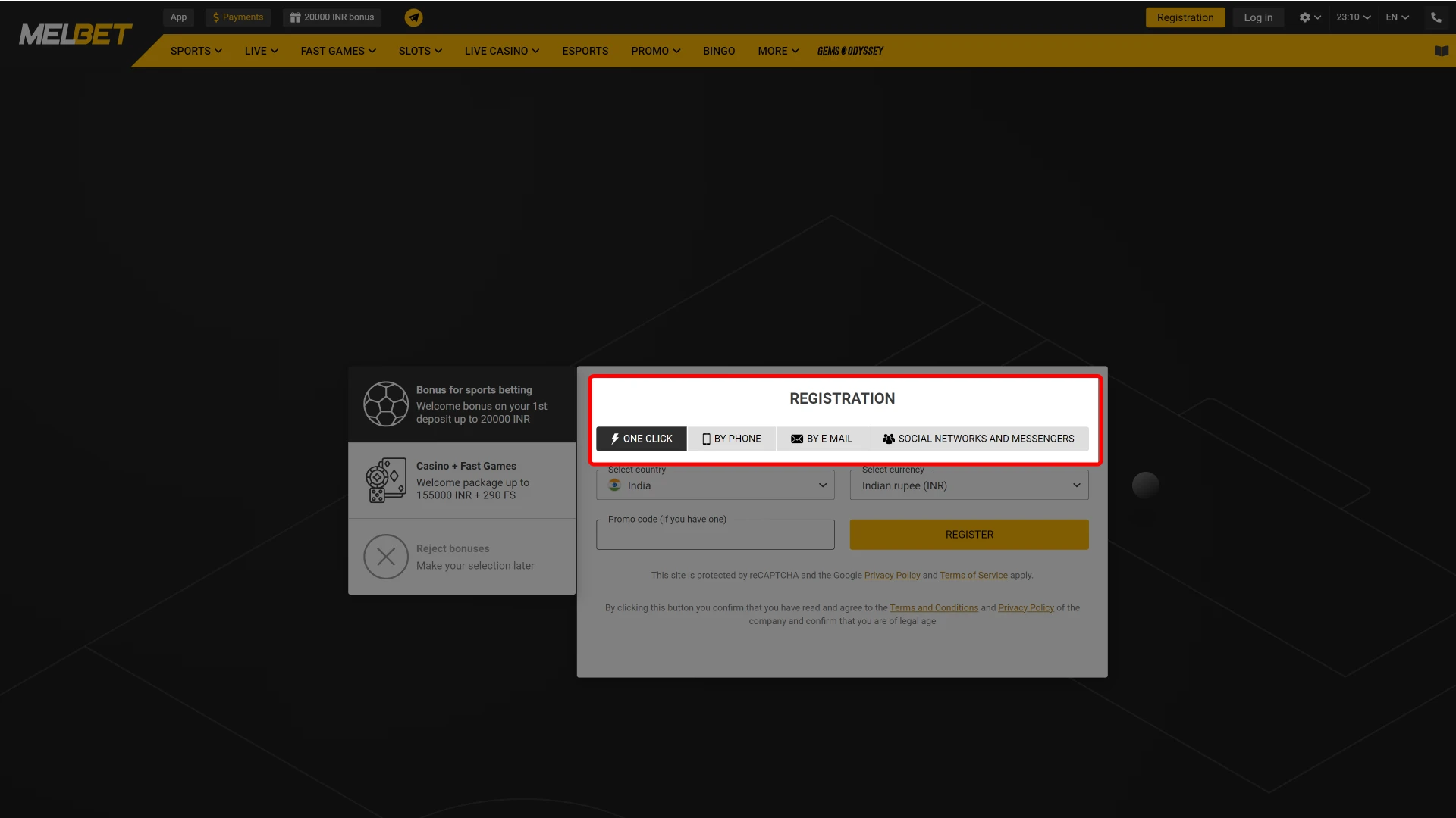 Choose a convenient way to register on Melbet.