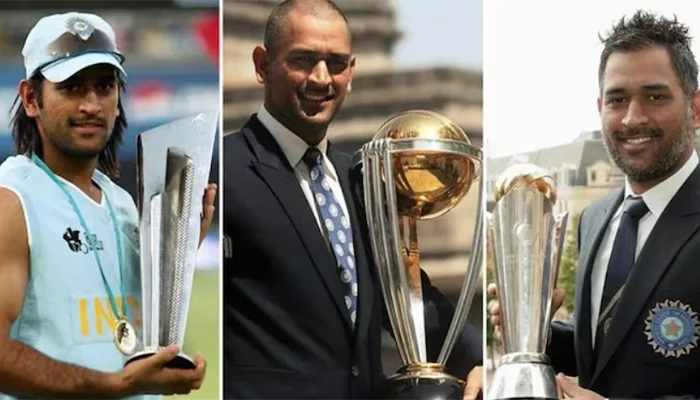 MS Dhoni with all the ICC Trophies won under his captaincy.