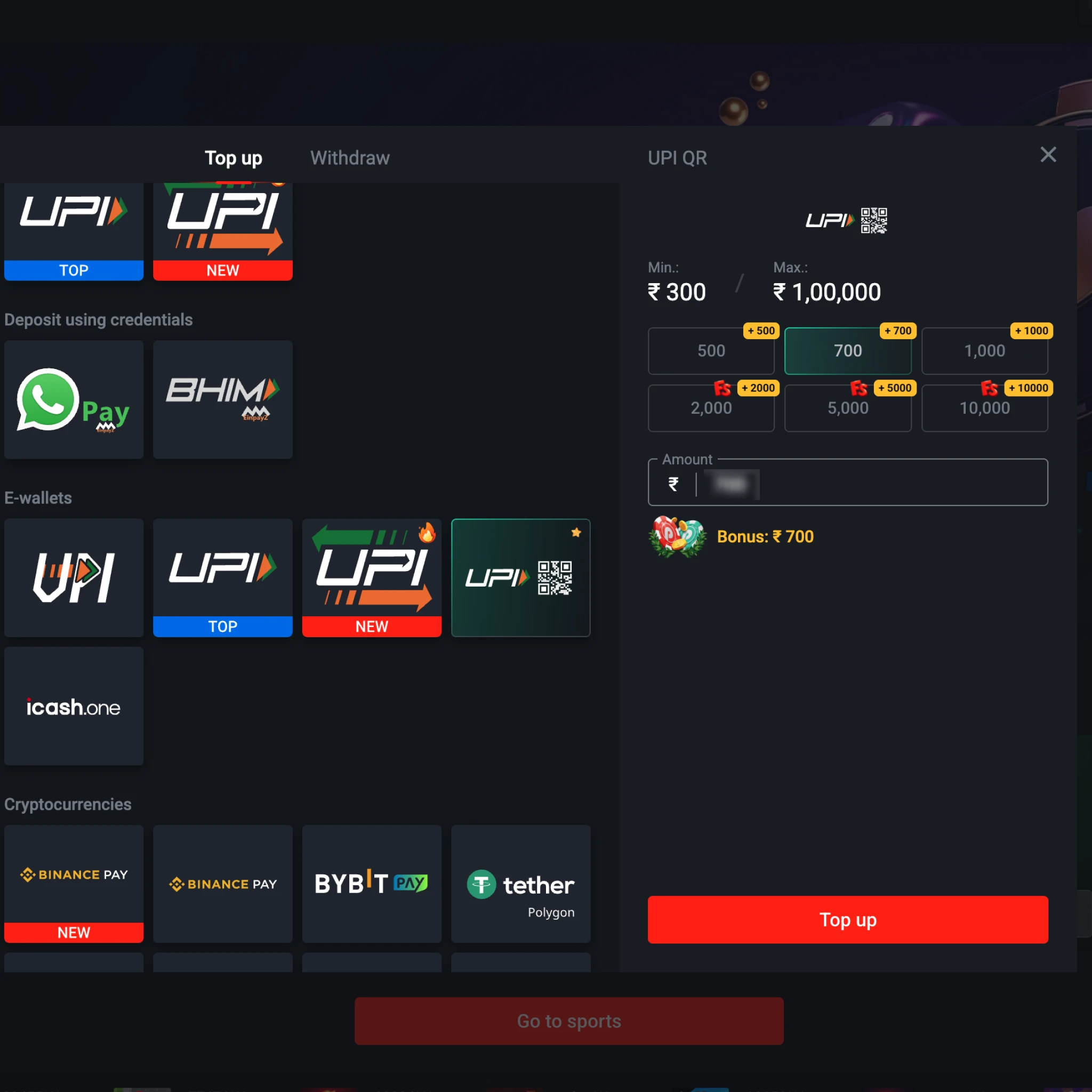 Top up your Pin Up account.