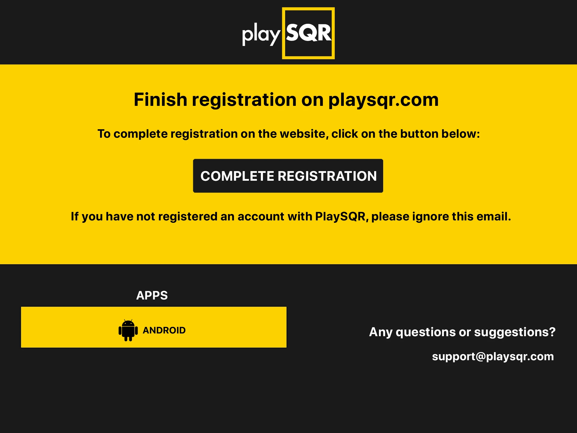 Verify your account to finish signing up for PlaySQR.