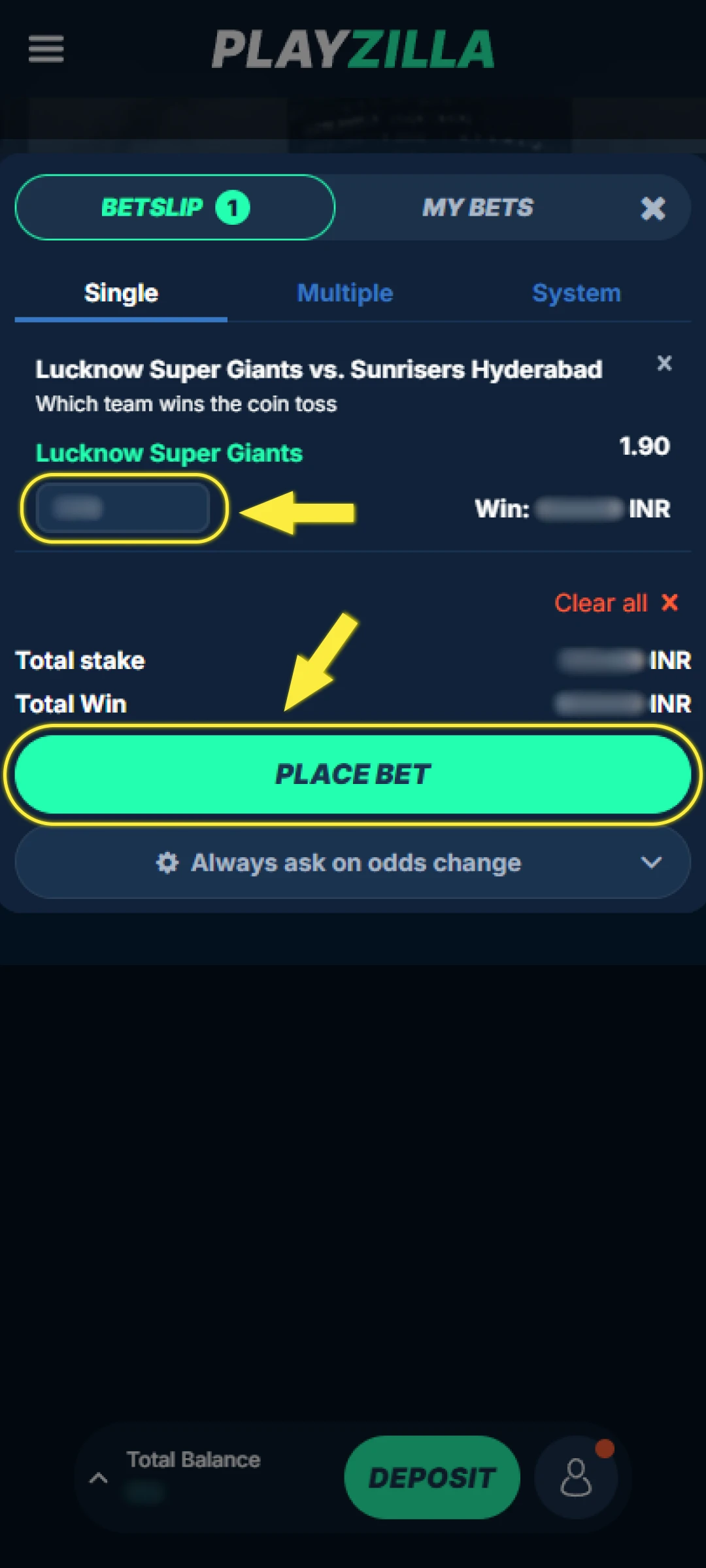 Check the odds for the game or match and confirm your bet before placing it.