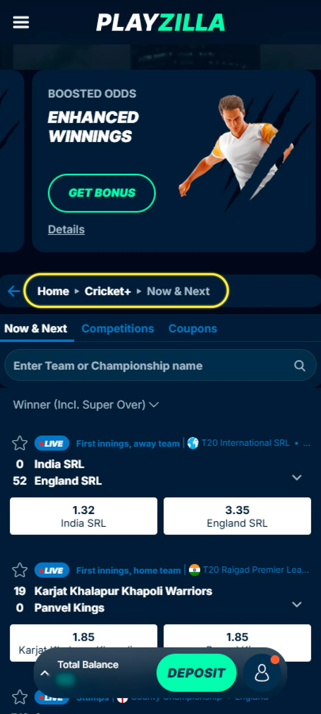 Navigate to the sports or eSports section to find your betting options.