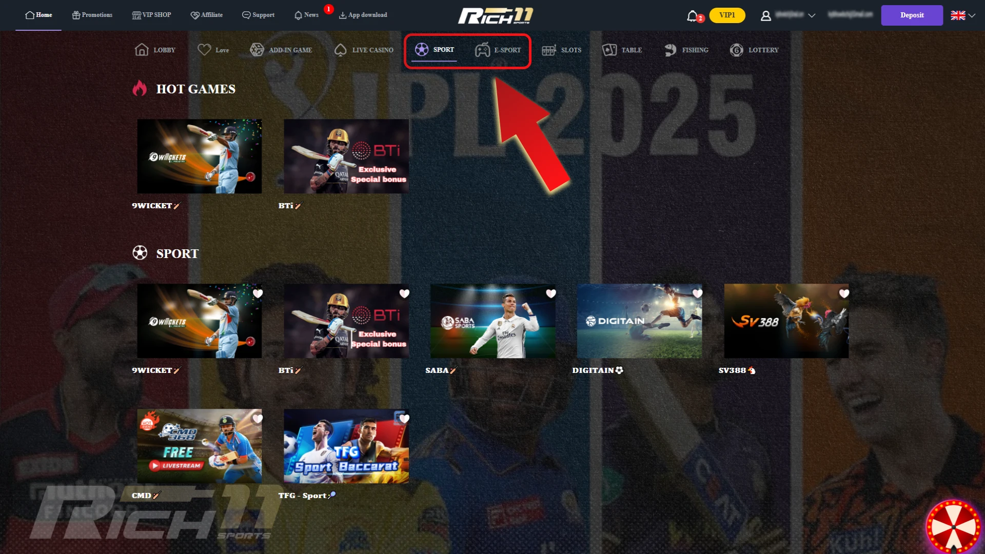 Navigate to Your Preferred Betting Section on Rich11 website.