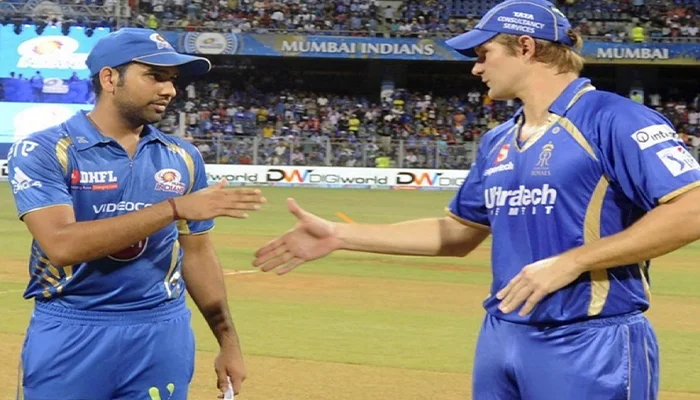 Rohit Sharma and Shane Watson during the toss for match number 56.