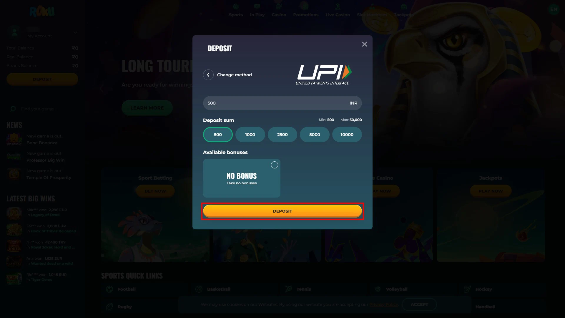 Make your first deposit via UPI on the Rokubet website.