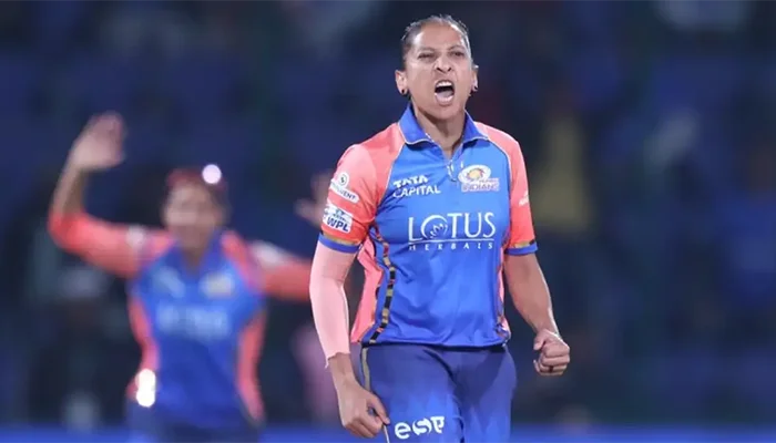 Shabnim Ismail playing for Mumbai Indians in the WPL 2024 season.