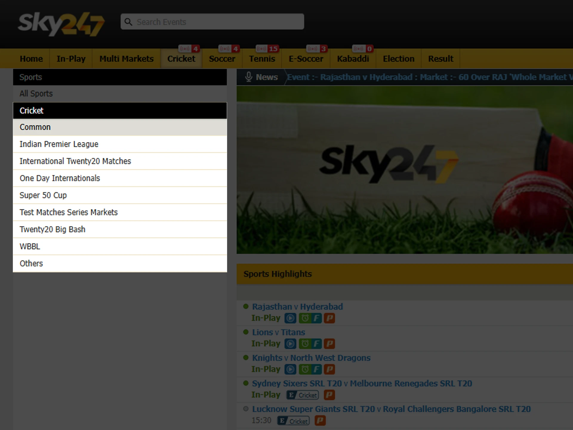 Select your desired league and match on Sky247.