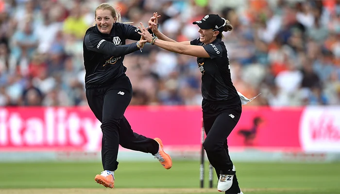 Sophie Ecclestone celebrating after taking a wicket against England Women.