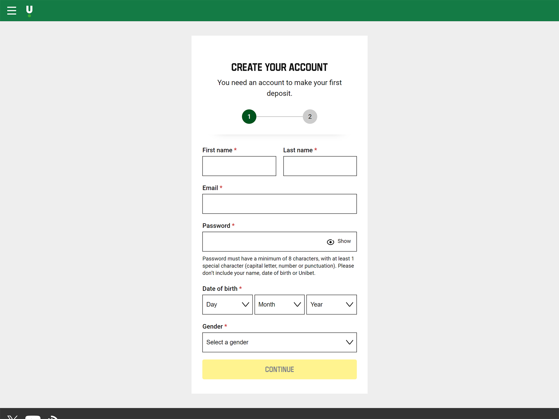 In the window that opens, enter all the information required to create a Unibet account.