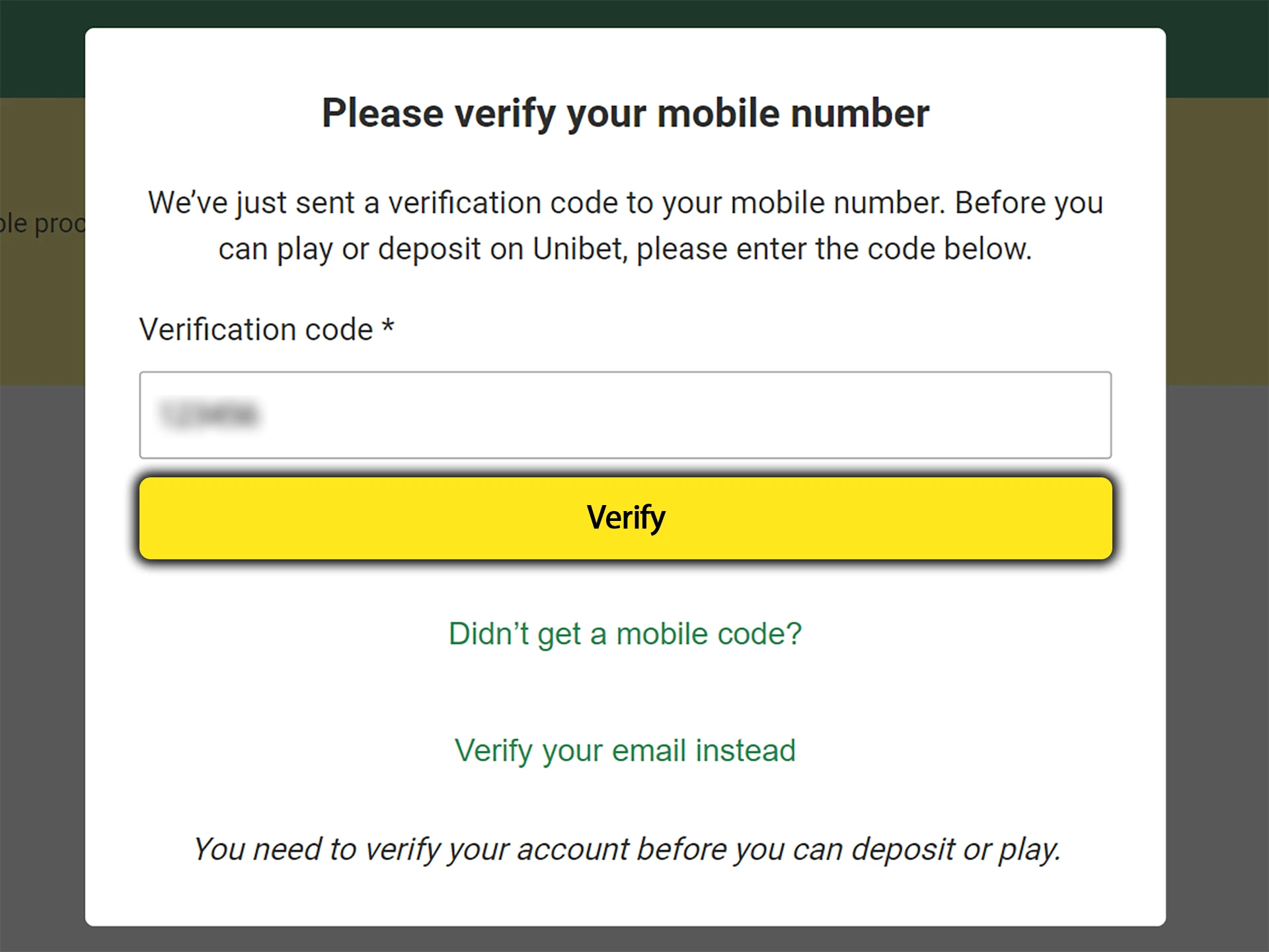 Enter your verification code to start playing at Unibet.