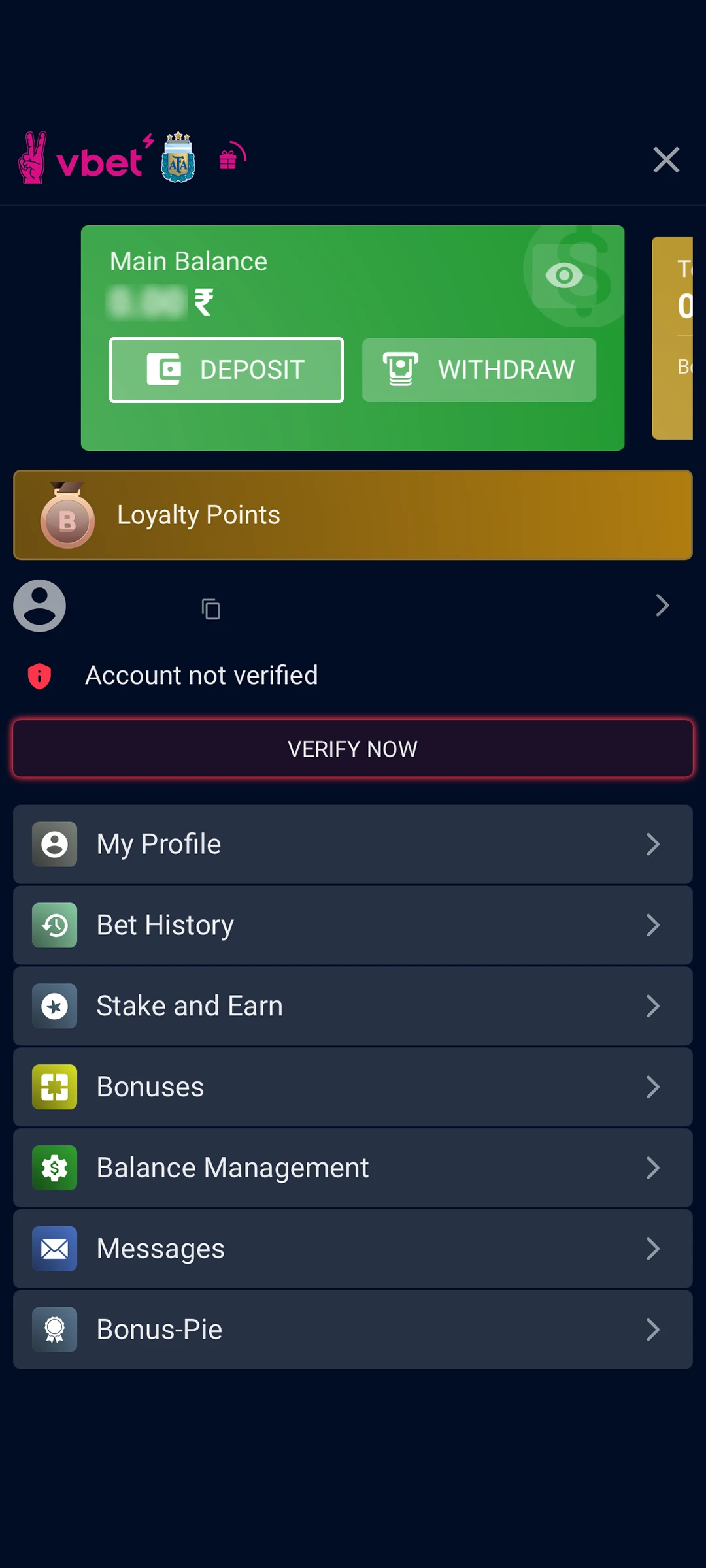 Deposit section in the mobile menu.