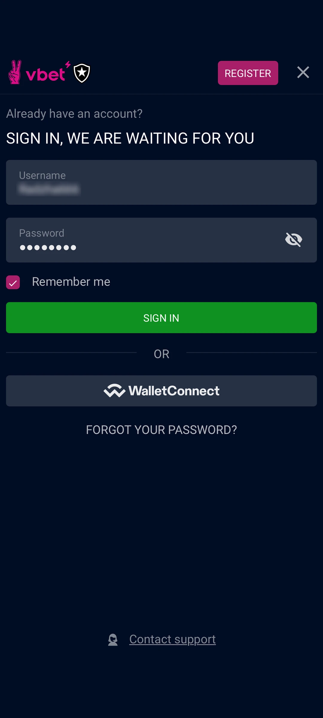 Log in to the Vbet account.