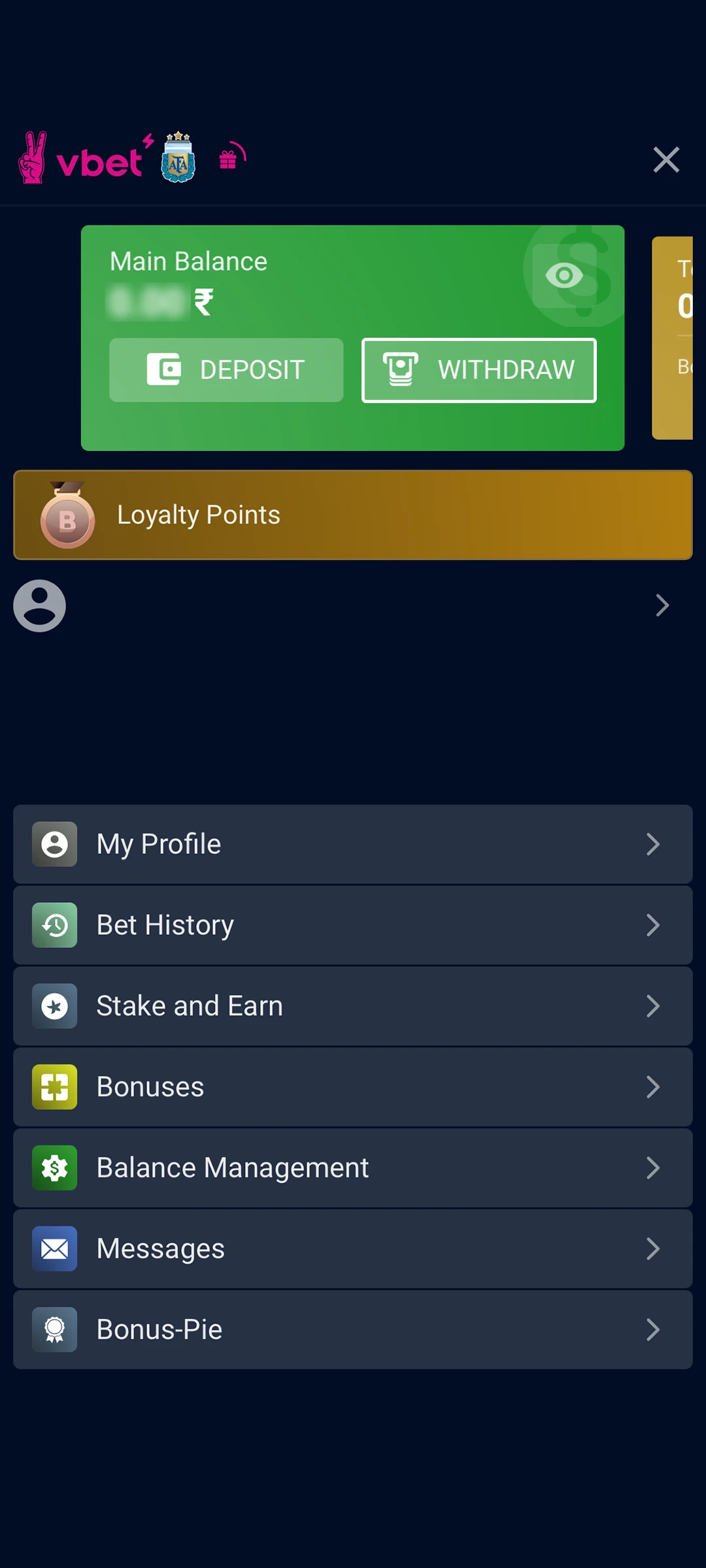 Withdrawal section in the profile.