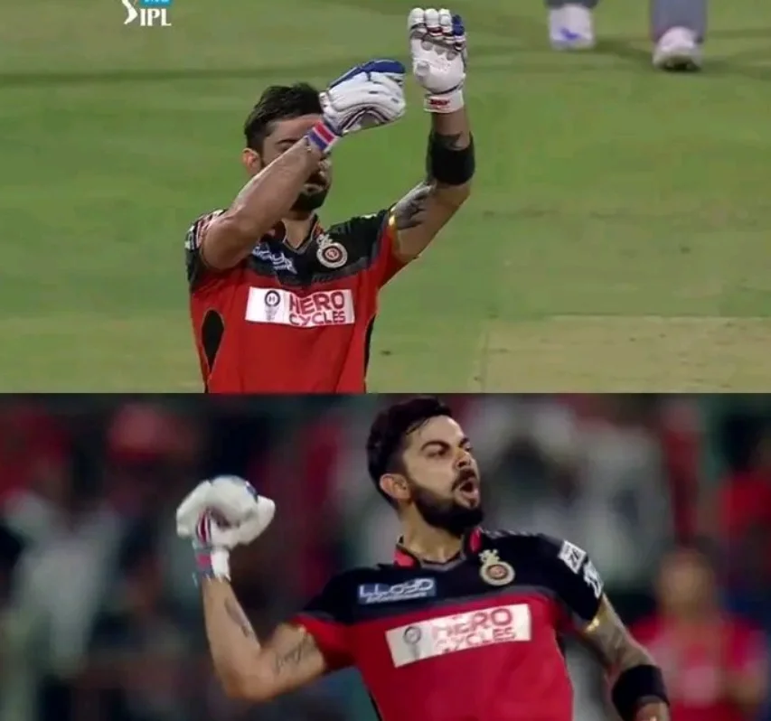 Virat Kohli celebrating after scoring a century against Punjab Kings.