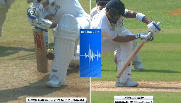 Virat Kohli dismissed after bat and pad contacted the ball together.