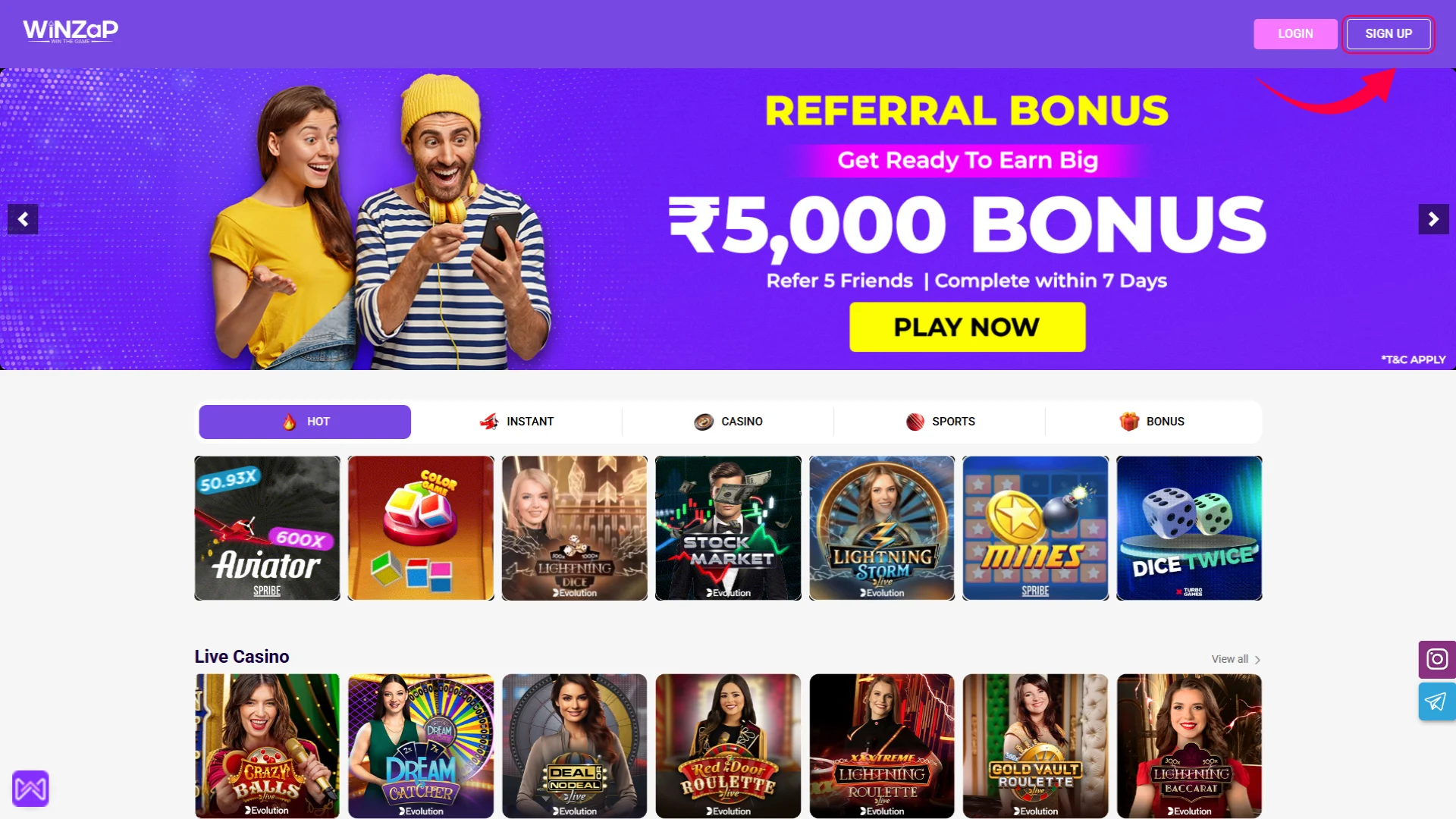 Visit the Official Winzap Website and Click “Sign up”.